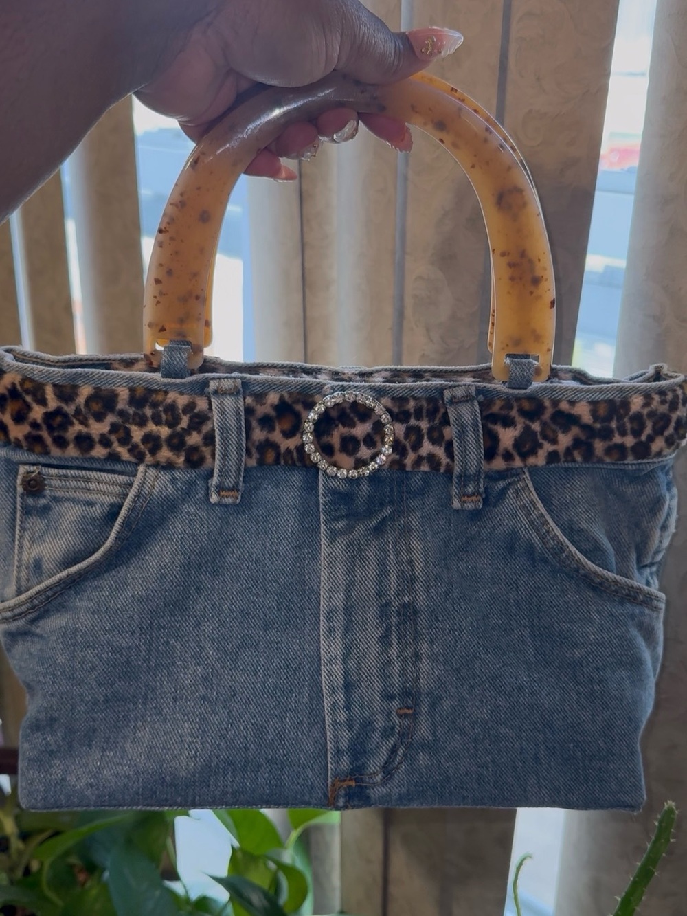 Y2k Denim Leopard-Trim Tote Bag with Amber Handles